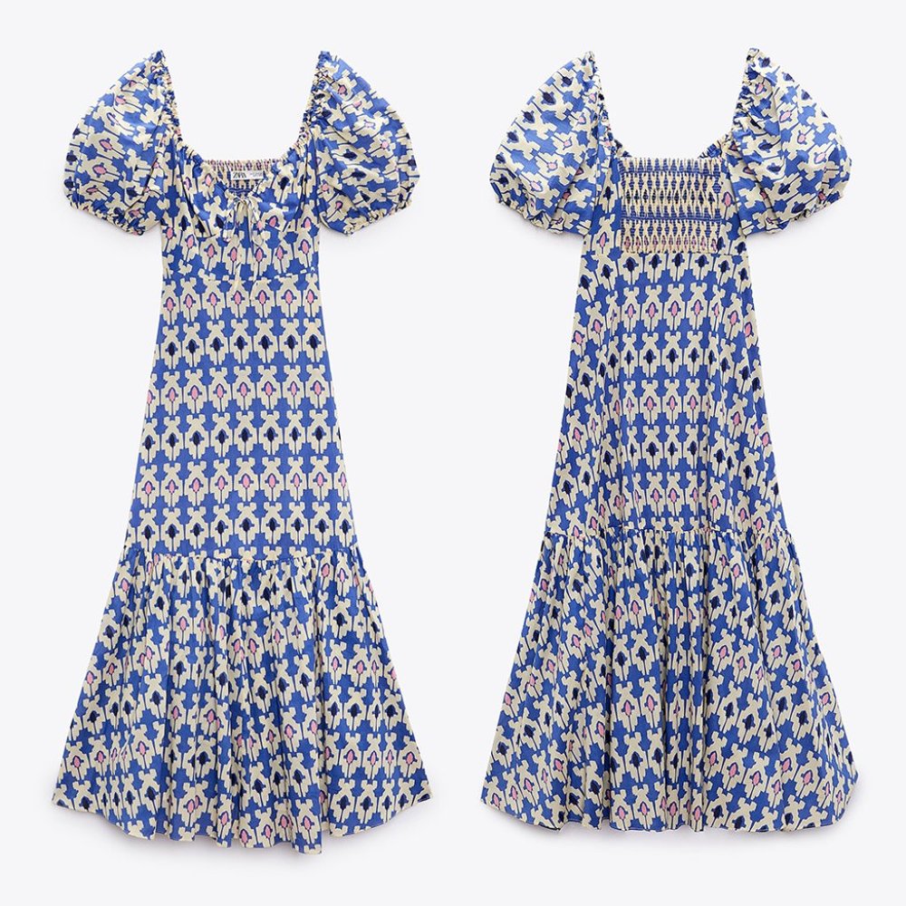 Zara Blue, White and Pink Floral Puff-Sleeve Midi Dress - Picture 3 of 3
